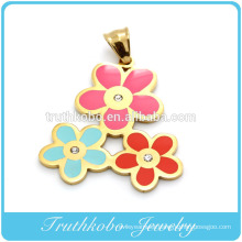 DIY Stainless Steel 18k Gold Plated Three Colors Enamel Flowers Necklace Crystal Pendant
